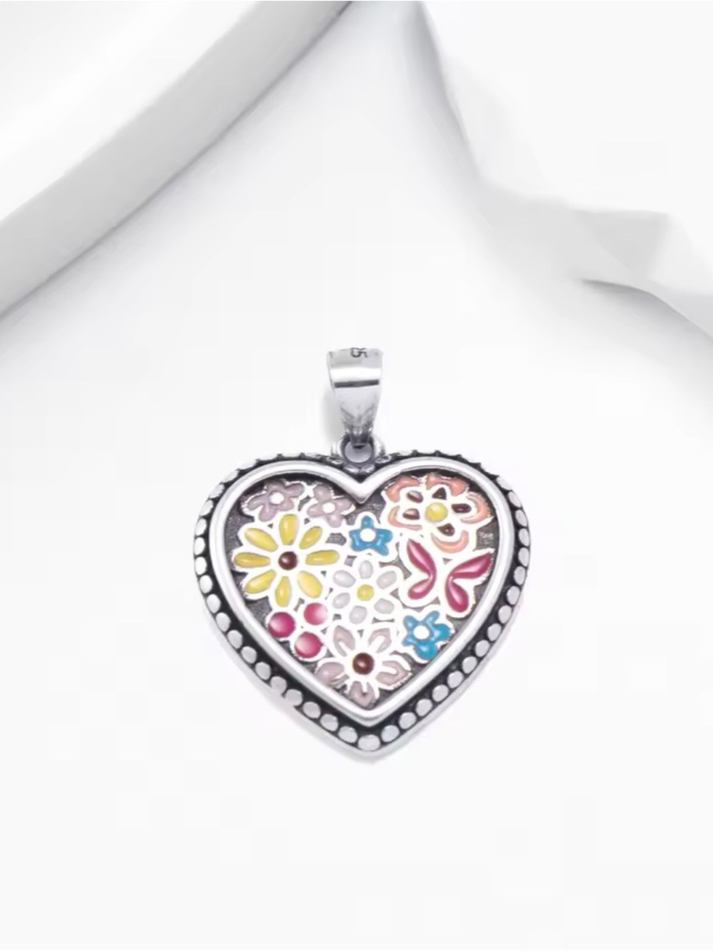 Sterling silver James Avery Style Heart Floral Enamel Pendant.